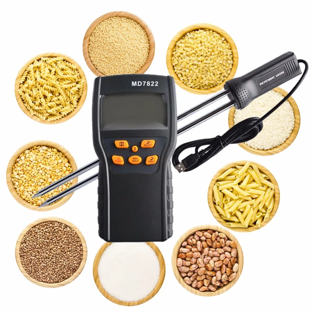 MD7822 Digital Grain Moisture Meter Temperature Meters Tester Measuring Probe Wheat Corn Rice Moisture Test Meter