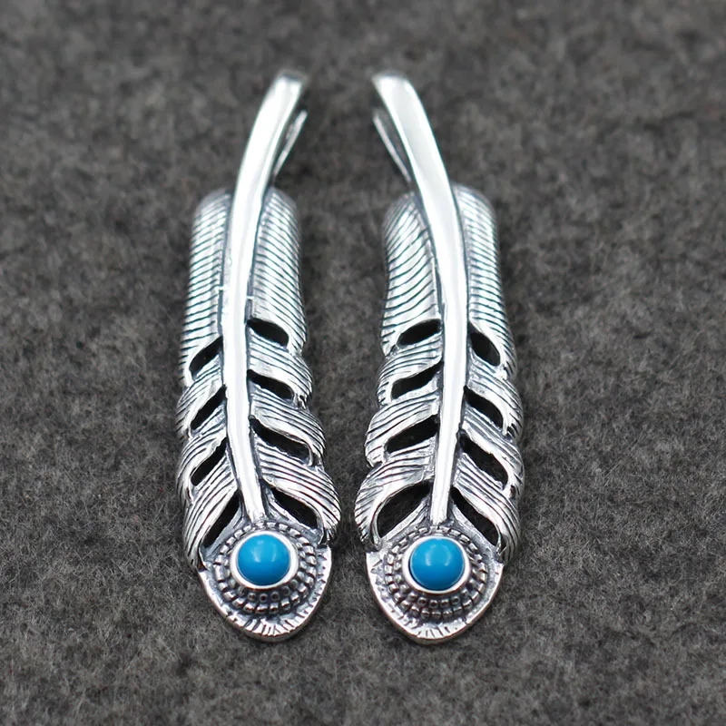 

Takahashi Goro Retro Thai Silver Vintage Feather Blue Turquoise Couple S925 Sterling Silver Men And Women Pendant