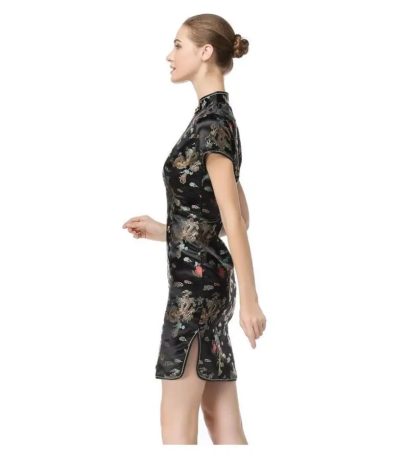 Abito tradizionale cinese nero da donna in raso Qipao estivo sexy vintage cheongsam fiore taglia SML XL XXL