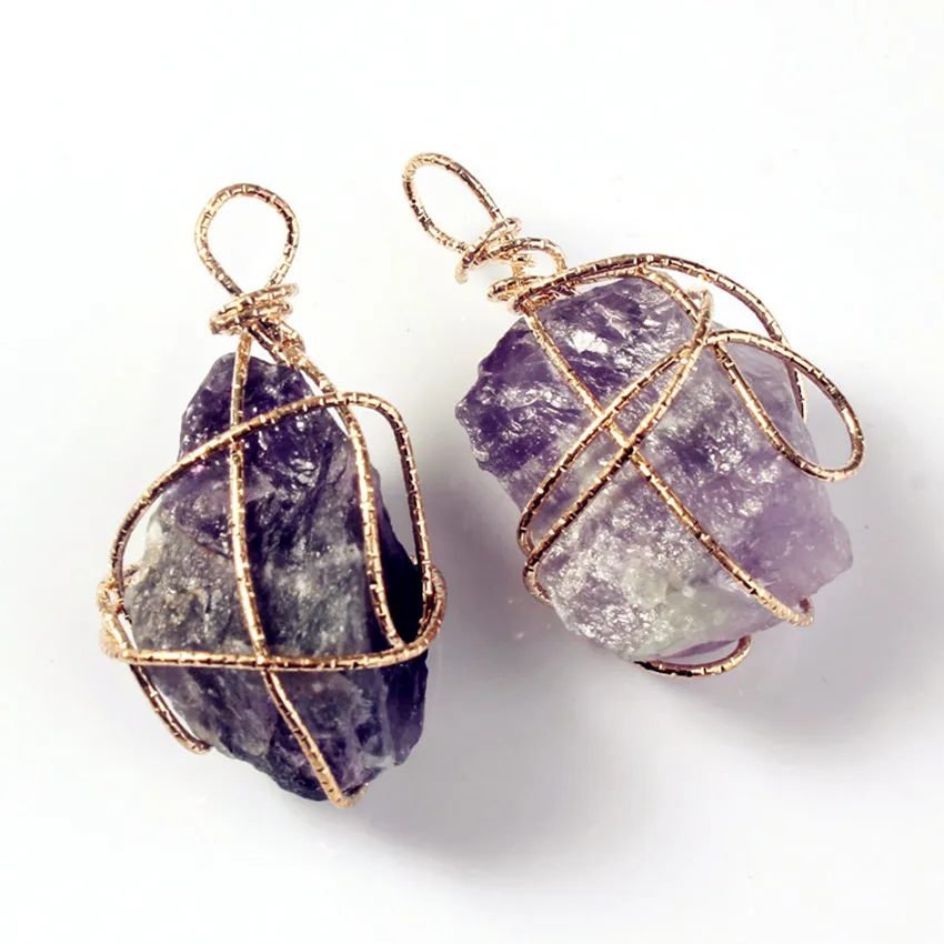 100-Unique 1 Pcs Rose Gold Color Irregular Shape Natural Purple Amethysts Stone Wire Wrapped Pendant