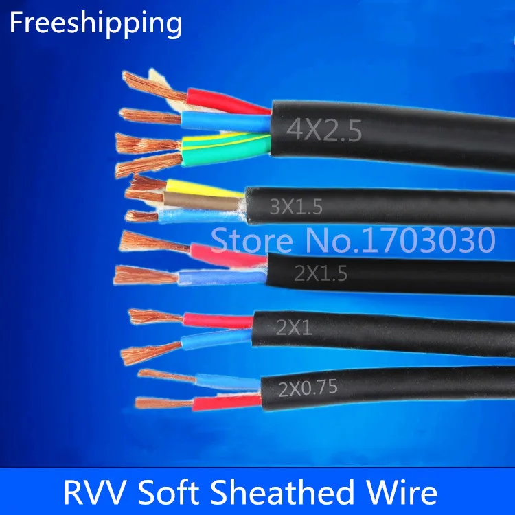 13 AWG 2.5MM^2 RVV 2 Cores Pins Copper Wire Conductor Electric RVV Cable Black 10M