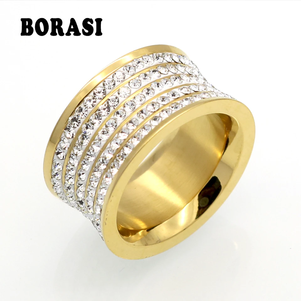 5 Row Brand Crystal Jewelry Fashoin Women Men Unisex Luxury 11mm Wide Rings Wholesale Gold Color Stainless Steel Wedding Rings