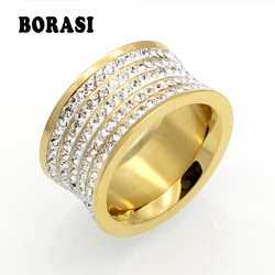 5 Row Brand Crystal Jewelry Fashoin Women Men Unisex Luxury 11mm Wide Rings Wholesale Gold Color Stainless Steel Wedding Rings