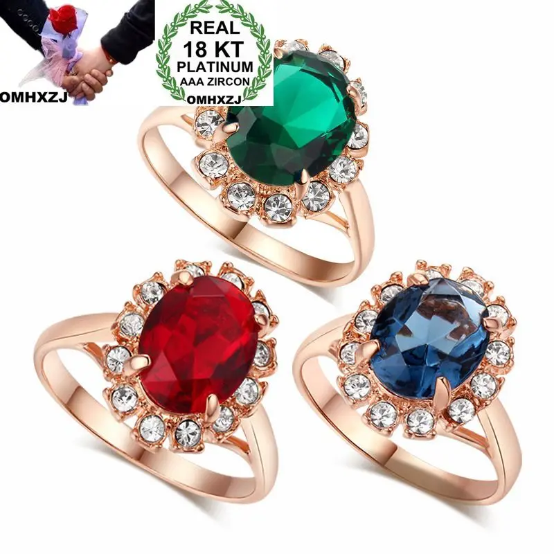 OMHXZJ Wholesale European Fashion Woman Man Party Wedding Gift Flower Red Green Blue AAA Zircon 18KT Yellow Rose Gold Ring RR493