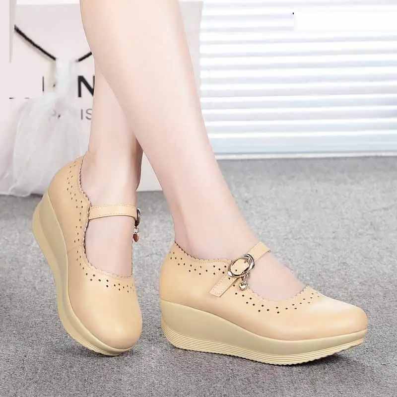 2024 Spring Real Leather Shoes High Heels Round Shallow Mouth Women Shoes Wedge Leisure White Nurse Mom Shoes Shoes Size 33-43