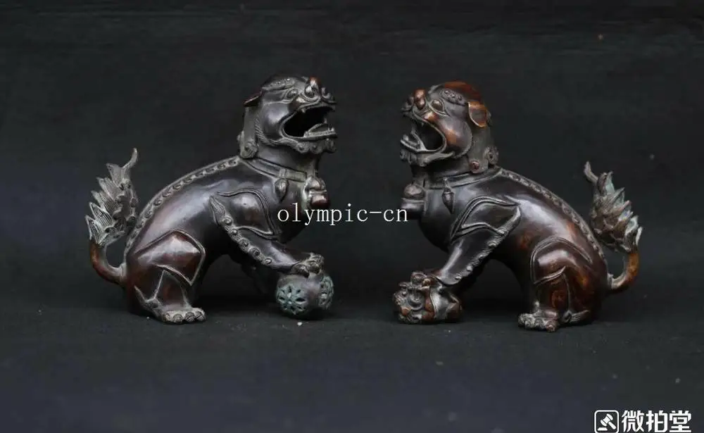 Pair 6'' bronze red copper carvings beast foo dogs lion incense burner statue