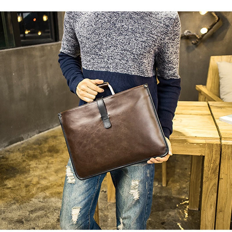 Sac à main avec poignée en métal pour homme, sacoche d\'affaires, fourre-tout à bandoulière, pour ordinateur portable, peau naturelle, mallette