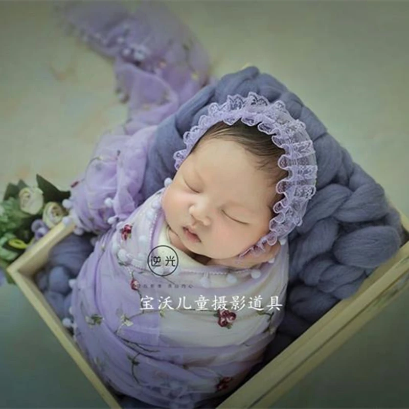 Infant Photography Outfit Handmade Lace Bonnet Set Newborn Photo Prop Wrap Set Lace Baby Swaddle Knit Wrap Newborn Ruffle Bonnet