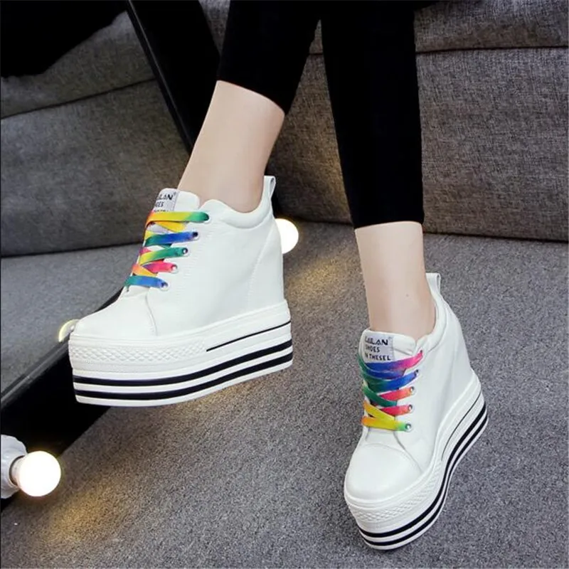 2023 New 12CM Heels Wedge Canvas Shoes Woman High Platform Sneakers Vulcanized Shoes Hidden Heel Height Increasing Casual Shoes