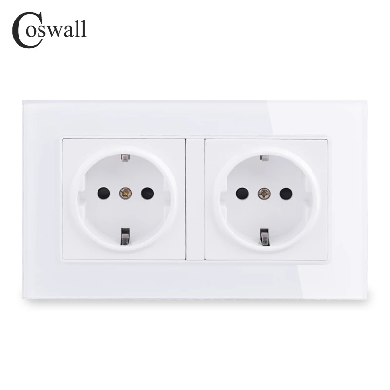 COSWALL Wall Glass Panel Power Socket Grounded EU Russia Spain Double Outlet With Children Protective Lock 146 * 86mm C1 Series