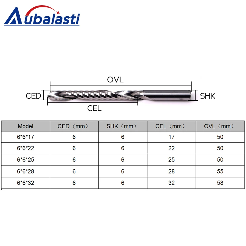 Aubalasti 6Mm Satu Flute Spiral Cutter Router Bit CNC Akhir Pabrik untuk MDF Karbida Pemotong Penggilingan Tugster Baja Router Bit
