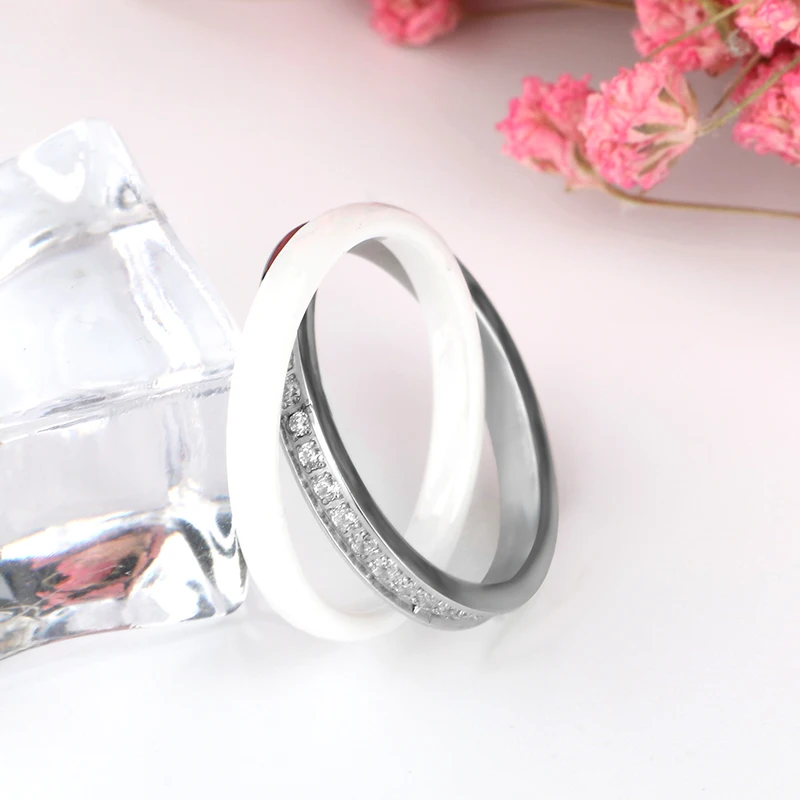 Women Rings Made of Ceramics Stainless steel Rings Double Two Cross Rings Crystal CZ bijou ceramique anillo acero inoxidable