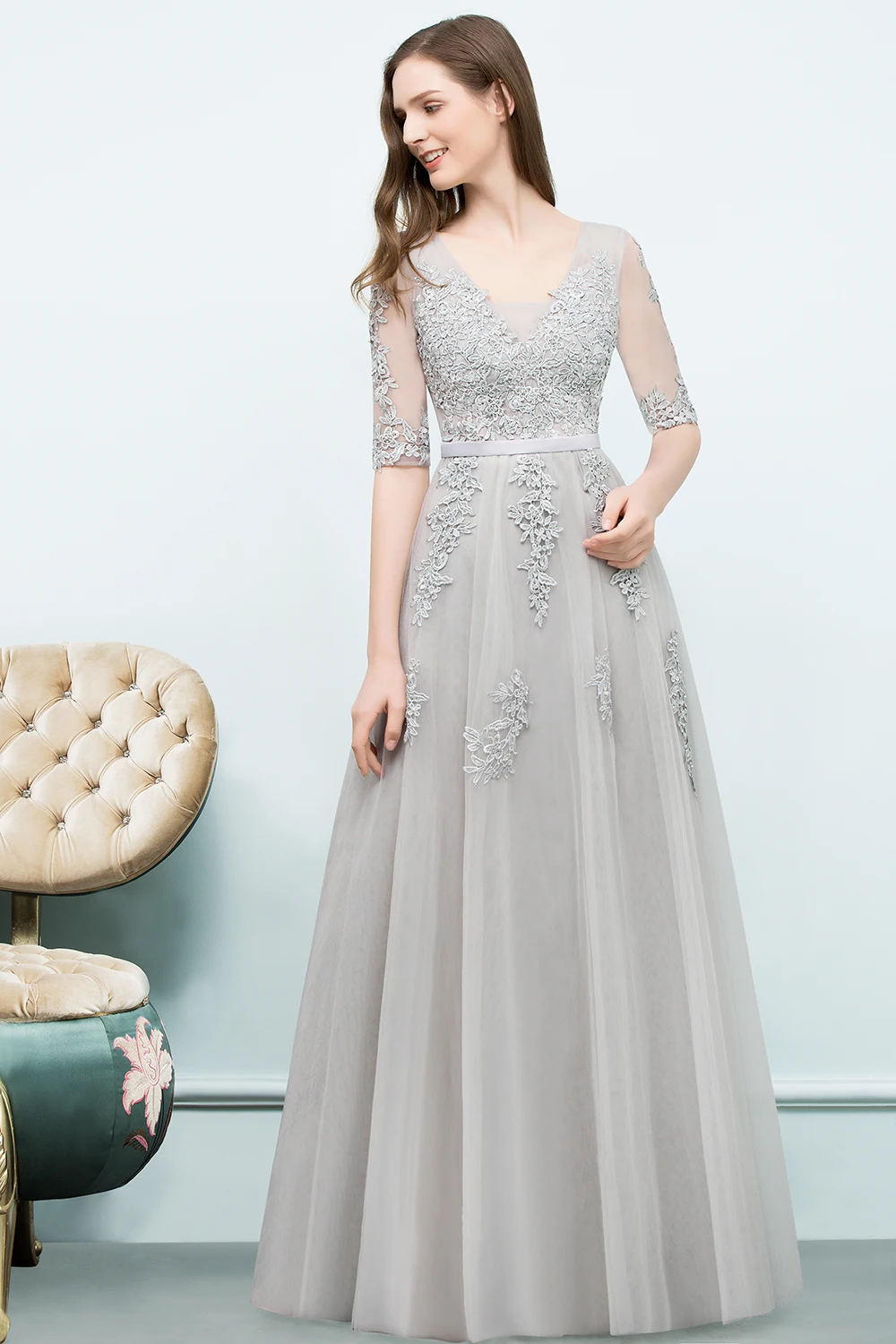 2019 Sexy Elegante Burgund Lange Brautjungfer Kleider EINE linie Tüll Halbe Hülse Hochzeit Party Gast Kleid robe demoiselle d'honneur