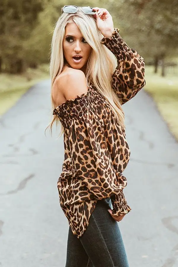 Womens Off Shoulder Blouse Hot Sexy Women Leopard Print Long Sleeve Blouse Tops Ladies Tops And Blouses 2019 Puff Sleeve Blouses