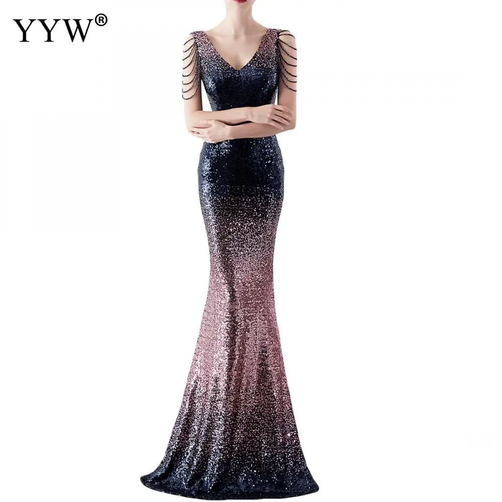 Robe De Soiree 2020 New Sexy V-Neck Sleeveless Mermaid Long Dress Gradient Sequined Evening Dresses Ladies Elegant Formal Gowns