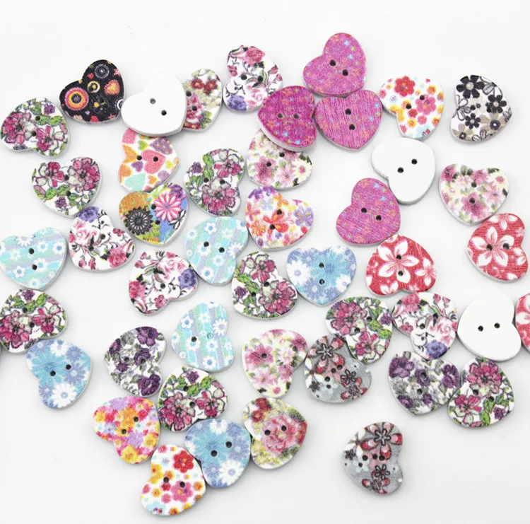

600pcs sale wood kitsch floral paint Multi Color Buttons, wood heart shape, colorful ornament for button jewelry 18mm