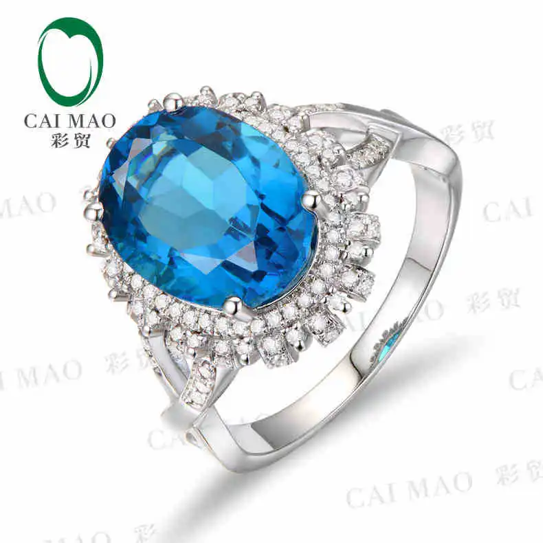 

CaiMao 18KT/750 White Gold 4.7 ct Natural Blue Topaz & 0.59 ct Full Cut Diamond Engagement Gemstone Ring Jewelry