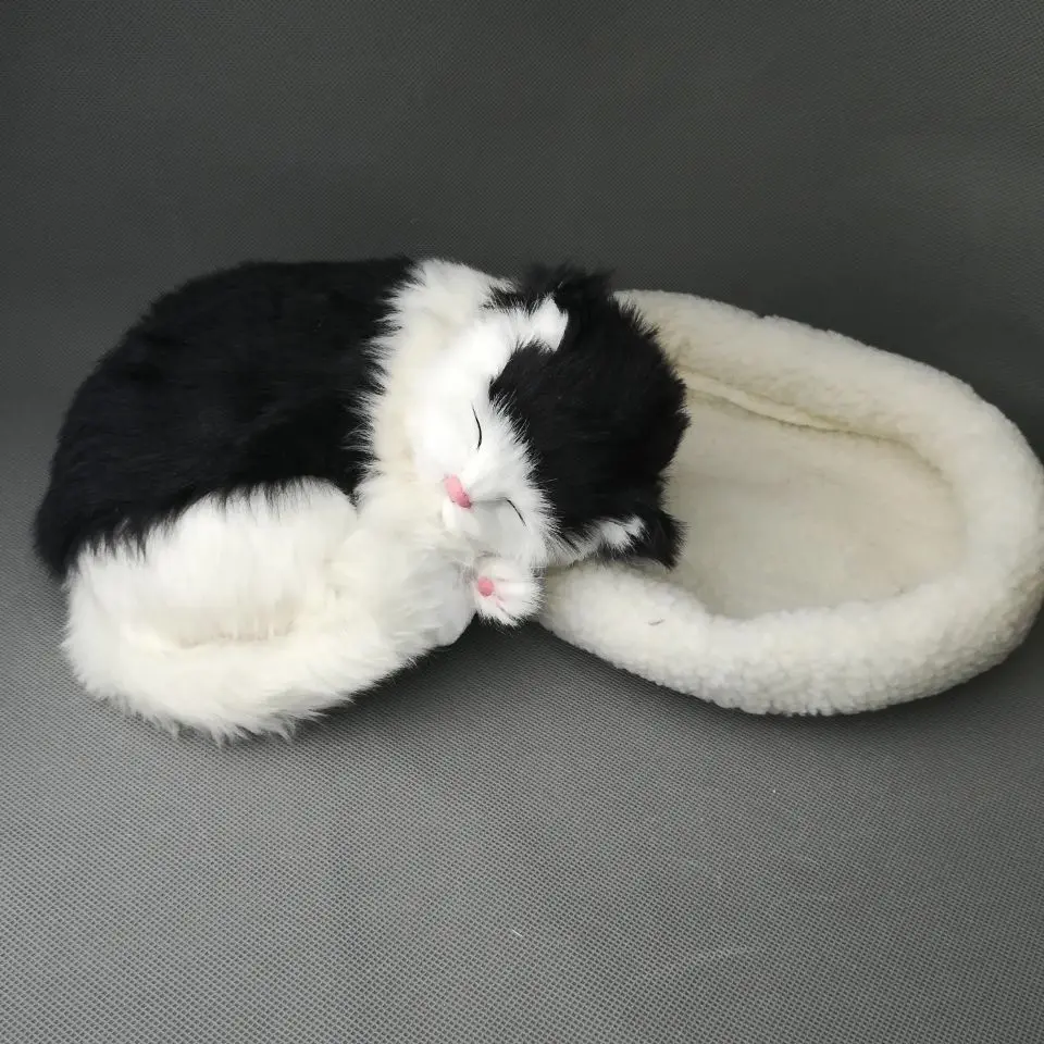 real life toy white-black cat about 25x20cm breathing cat model with mat, polyethylene&furs cat model home decoration gift d1229