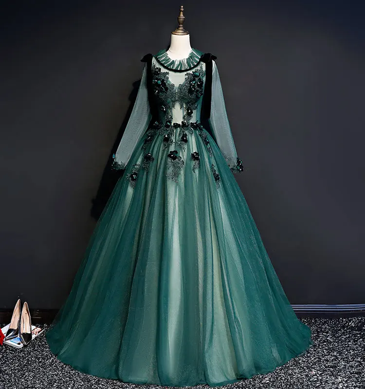 100%real rococo dark green V ruffled back gown Medieval Renaissance gown Sissi princess dress Victorian /Marie Antoinette/ Belle