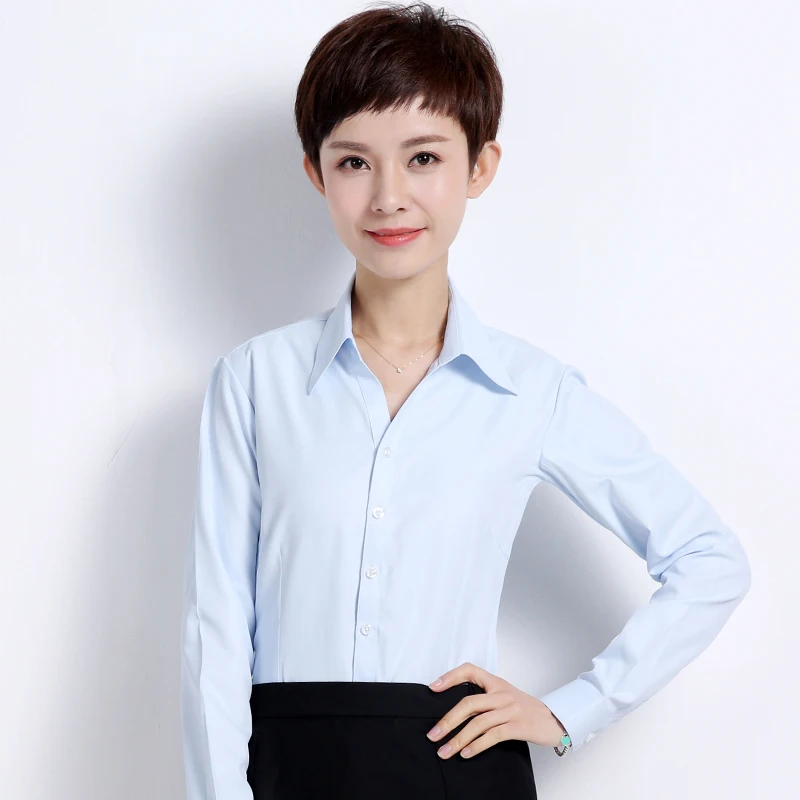 

Women's V-Neck Formal Work Wear White Simple Dress Shirts Without Pocket Standard-fit Long Sleeve Female Blouse Tops Shirt