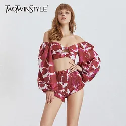 TWOTWINSTYLE Sexy Print Beach Women Suit Square Neck Lantern Sleeve Hollow Out Crop Tops High Waist Shorts Two Piece Set Female