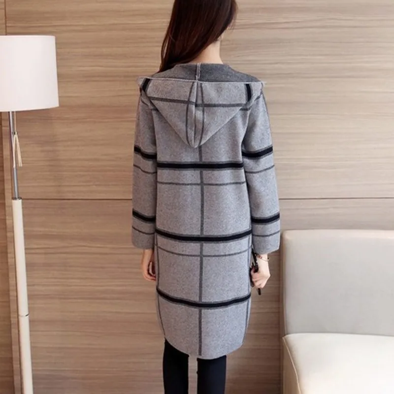 Women\'s Hooded Plaid Sweater Coat, Long Sleeve Cardigan, Elegant Female Fashion, Casual Knitting Sweaters, Autumn, F651