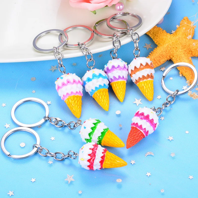 Car Creative Ice Cream Resin Material Funny Shape Keychain KeyRing Fake Bunny Fur Ball Key Chain