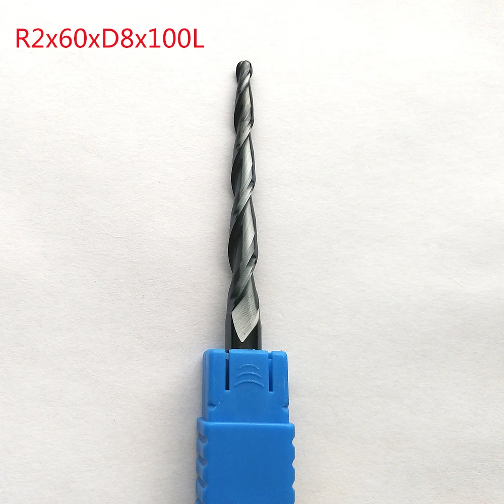 

2pcs/lot R2*D8*60*100L*2F HRC55 Tungsten solid carbide lengthen Tapered Ball Nose End Mills taper and cone milling cutter