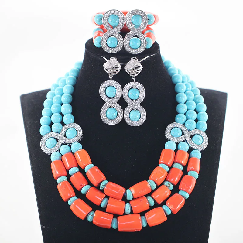 

African Coral Beads Wedding Jewelry Set for Brides Blue Stones Costume Party Silver Necklace Earrings Set Free Shipping ABH533