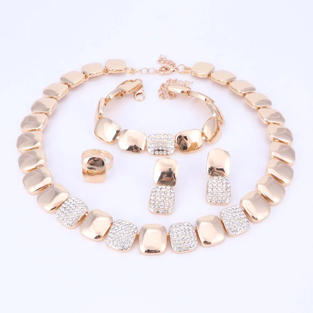 Bridal Dubai Gold Color Crystal Jewelry Sets for Women Costume Necklace Earrings Nigerian Wedding African Jewellery Set