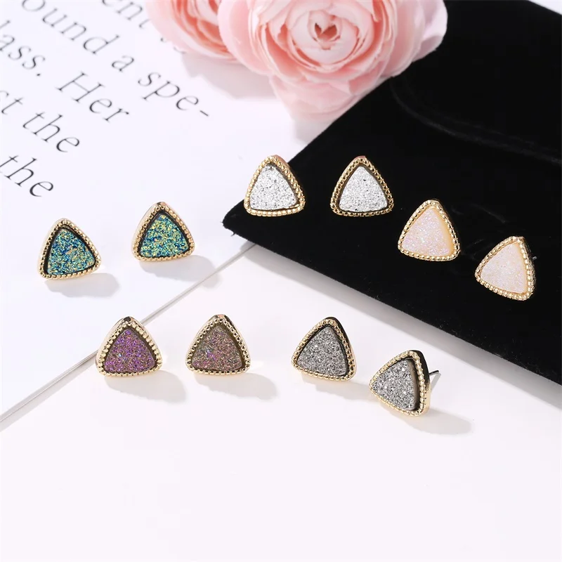 Triangular Frosted Stud Earrings Pink Grey Purple Golden Silver Plated Green Starry Bling Alloy for Women