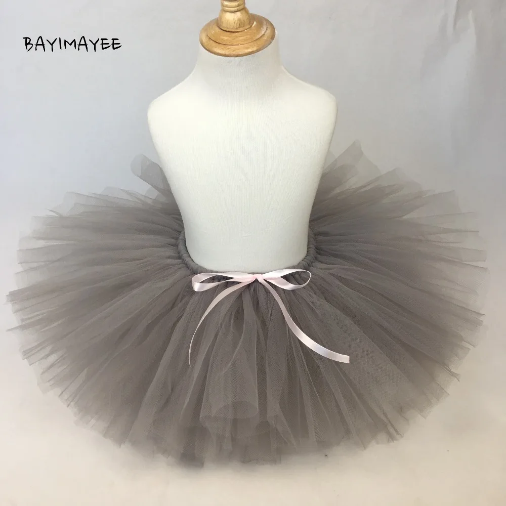 Lovely Baby Girls Grey Tutu Skirt Kids Fluffy Tulle Ballet Pettiskirts Underskirts with Pink Bow Children Party Costume Skirts