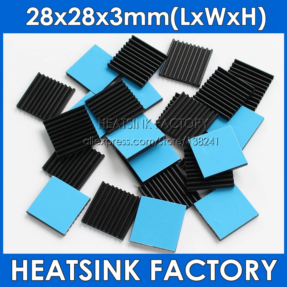 28x28x3mm Silver / Black Anodized Aluminum Shim Cooling Heat Sink Cooler Radiator Heatsink With Thermally Conductive Tape Pad