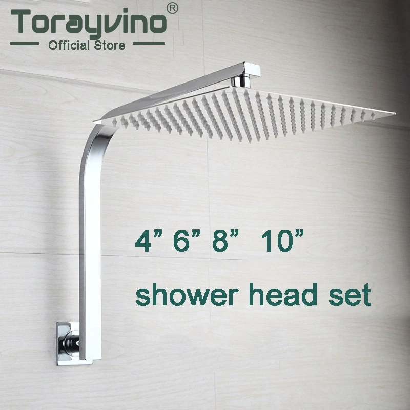 Torayvino Bathroom Shower Faucets Gooseneck Square Brass Wall Mount Shower Arm Ultrathin Bathroom Shower Head Set