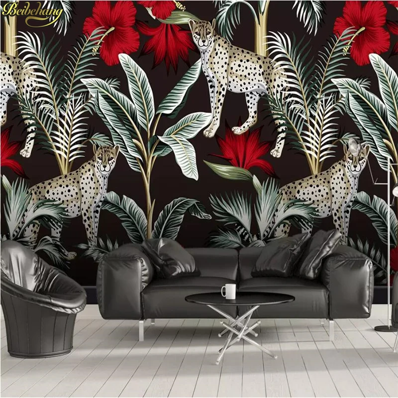 

beibehang Custom 3d wallpaper Nordic minimalist red flowers cheetah tropical leaves TV sofa background wall papel de parede