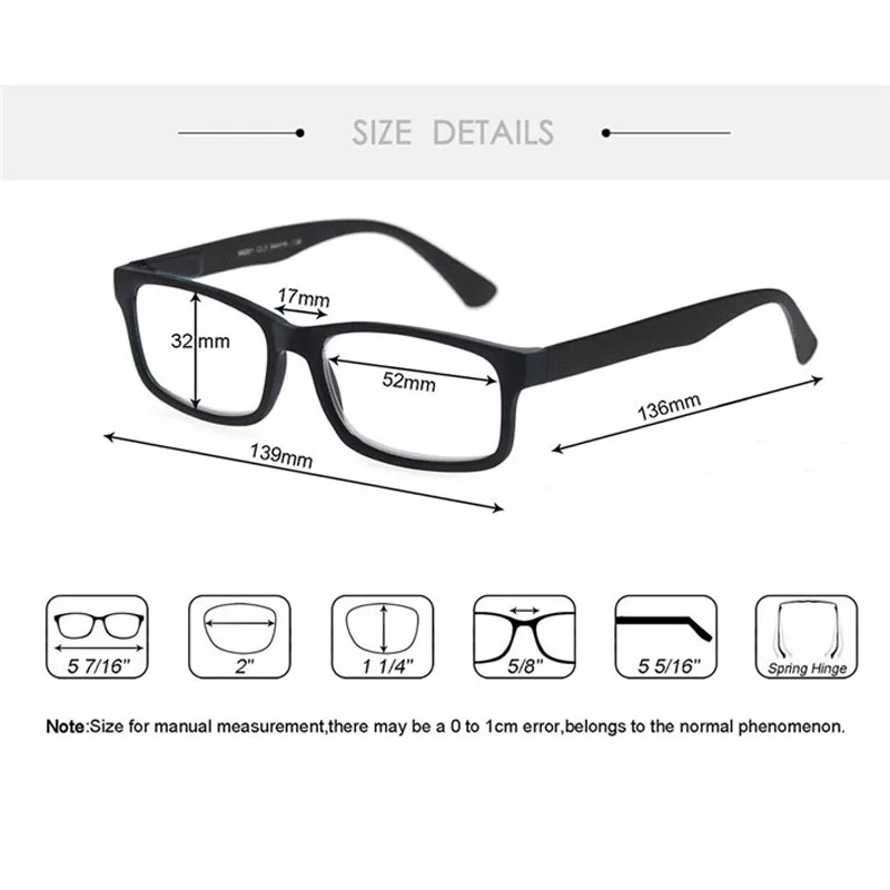 MODFANS Men Women Reading Glasses Rectangle Classic Frame Readers Eeyeglasses Flexible Spring Hinge with Diopter +1.0 to +4.0