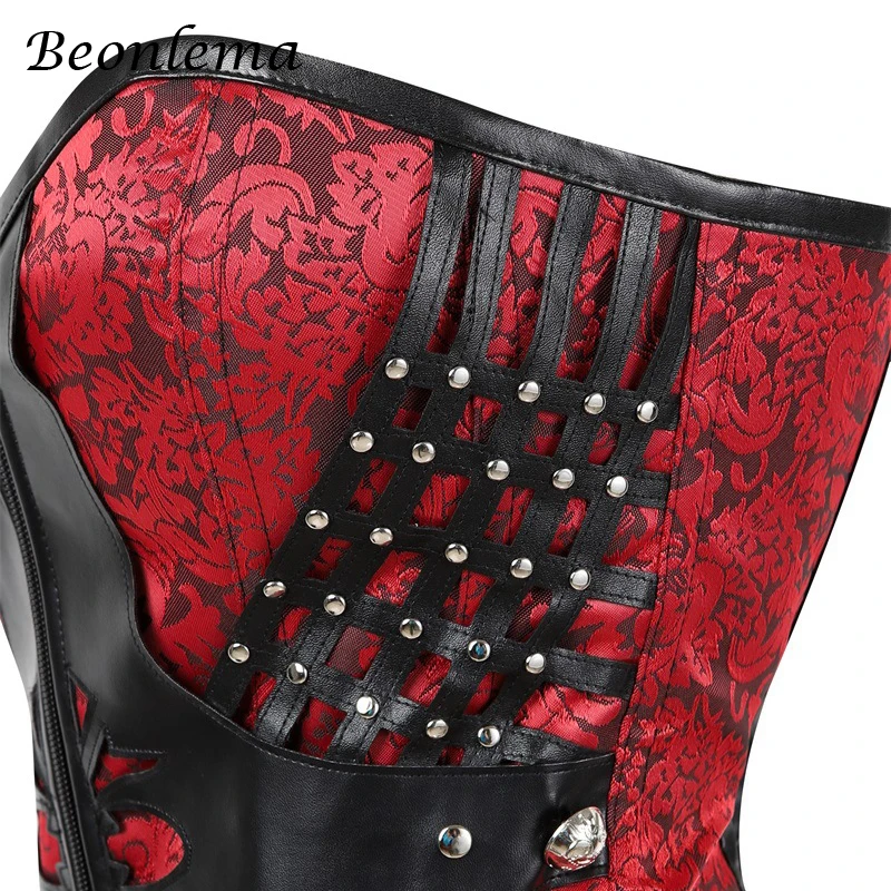 Beonlema Gothic Women Corset Sexy Bustiers Steampunk Faux Leather Corsets Lacing Up Black Red Goth Clothing With Zipper