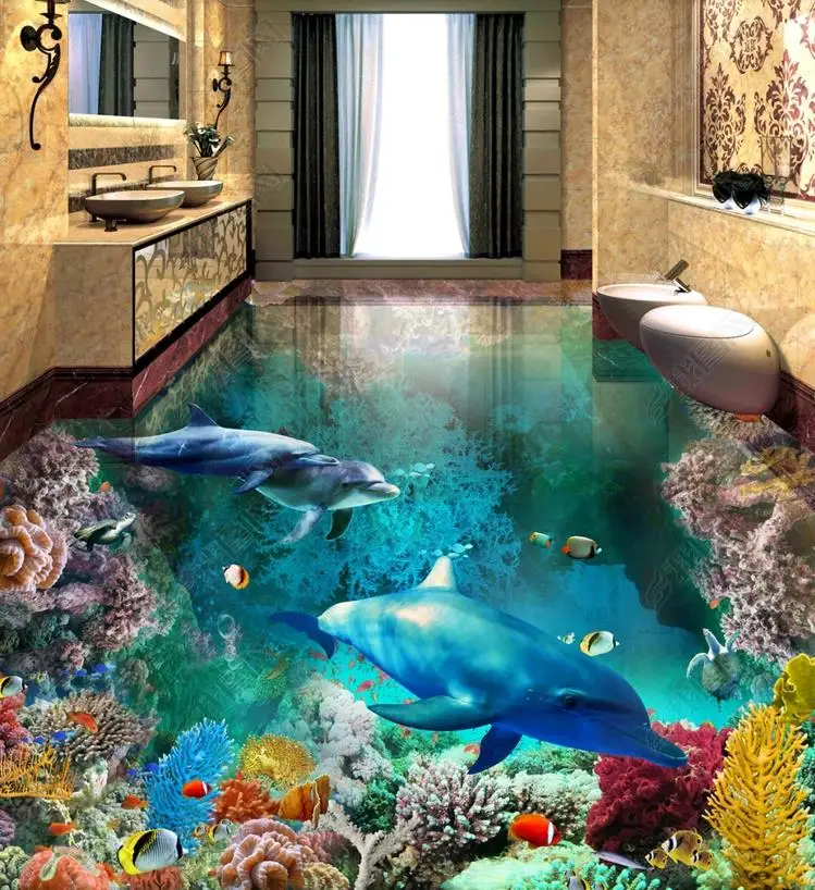 

HD 3d flooring 2019 The New Dolphin Underwater World wallpaper waterproof pvc 3d floor wallpaper self-adhesive