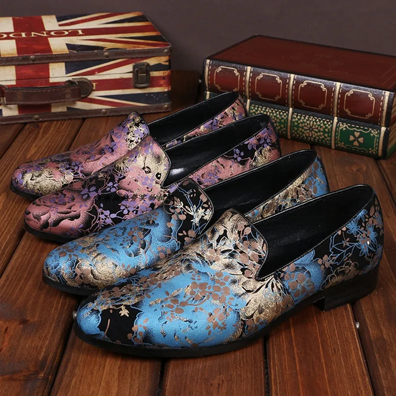 Retro Style Print Flowers Men Dress Loafers Slip On Flats Wedding Shoes Big Size 38-46 Spring New Office Oxfords British Shoes