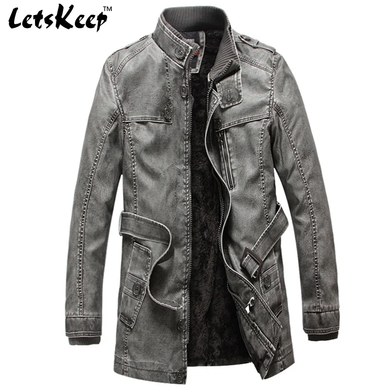 

Letskeep New Mens Winter PU Leather Moto jacket Thicken long trench coat Jackets Outerwear Men Collar Overcoat M-4XL, MA205