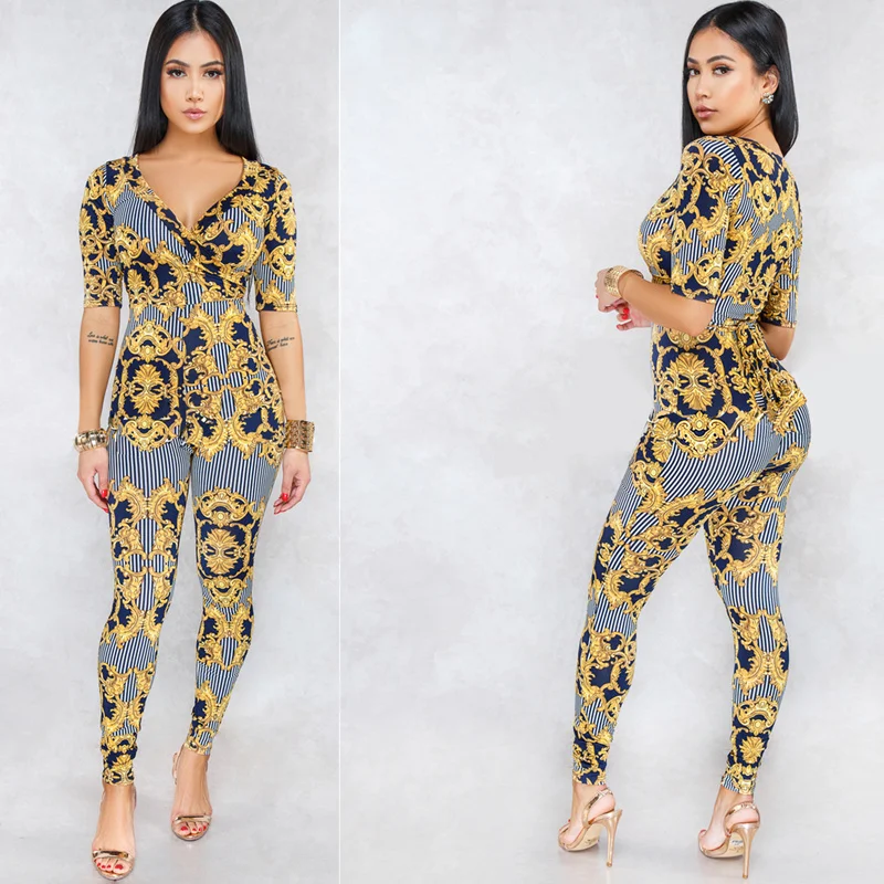 Golden Floral Print Deep V Neck Jumpsuit Women Casual Midi Sleeve Bodycon Rompers Jumpsuit Boho Overall Sexy Bodysuit Culdwear