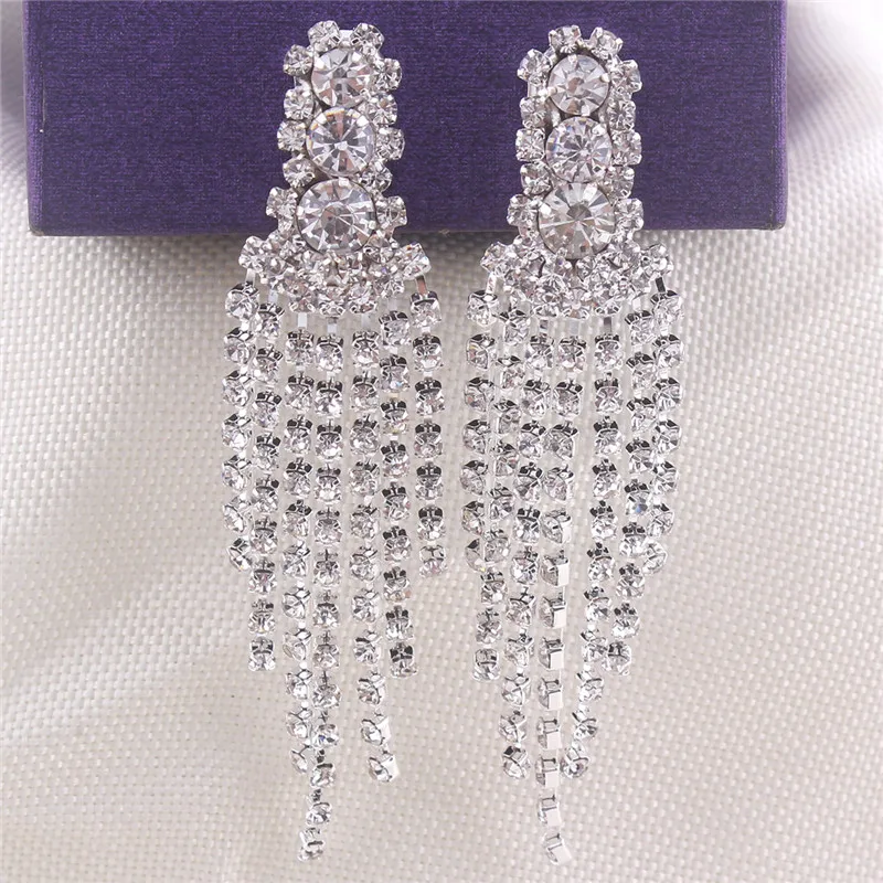 New Design Bridal Silver Plated Rhinestone 3 round Chandelier Shape Long Tassel Clip on Earrings Without Piercing for Women