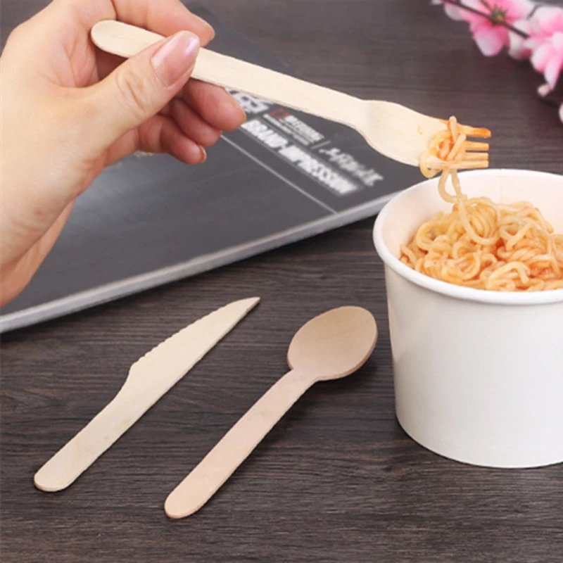 Disposable Food Grade Wooden Soup Scoop Dinnerware Main Fork Mini Food Knife BBQ Picnic Tableware Take Out Tools 100pcs/pack