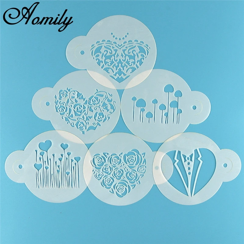 Aomily 6pcs/Set Valentine\'s Day DIY Cake Stencils Airbrush Painting Art Molds Fondant Decorating Tools Coffee Espresso Stencils