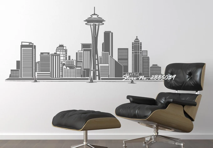 Seattle Skyline Cityscape Removable Sticky Vinyl Wall Stickers Home Decor Living Room Art Wall Decals Quotes Bedroom Mural LA259