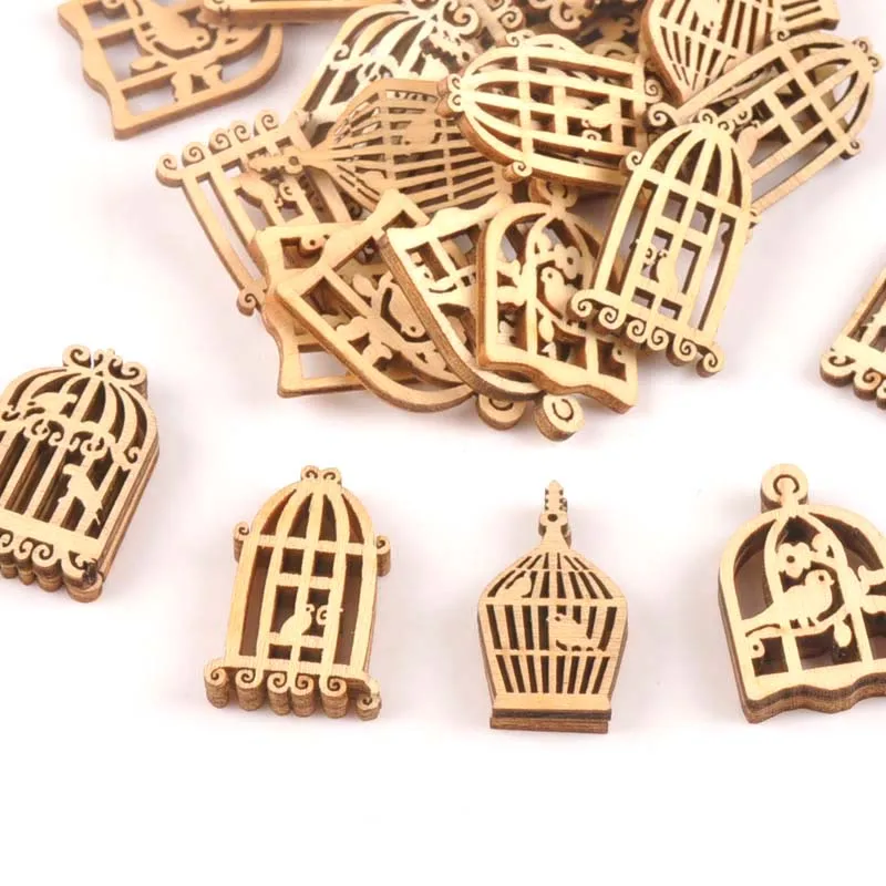 25pcs Wooden Crafts creativity hollow out birdcage Pattern Scrapbooking Crafts wood decoration for Home Decoration m0833X