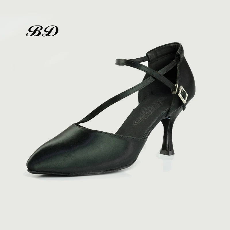 

Factory Outlet Top Dance Shoes Ballroom Women Latin Shoes BD 188 Jazz Modern BLACK SATIN HEEL 7.5 CM Foot Care Design Laces HOT