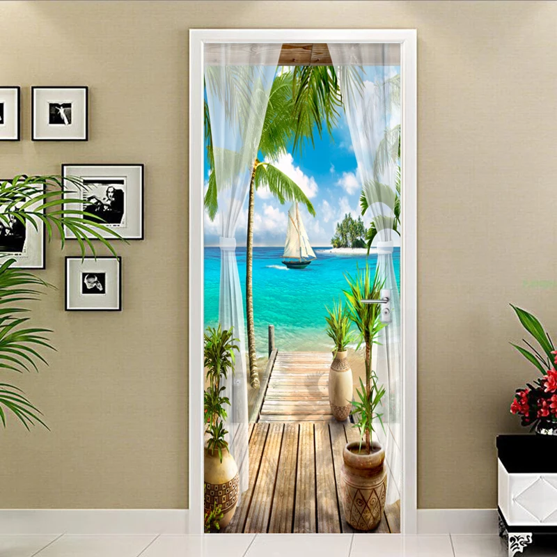 

2 Pieces/Set Creative DIY 3D Door Wall Stickers 3D Seaside Landscape Wallpaper Living Room Restaurant Home Decor PVC Home Decor