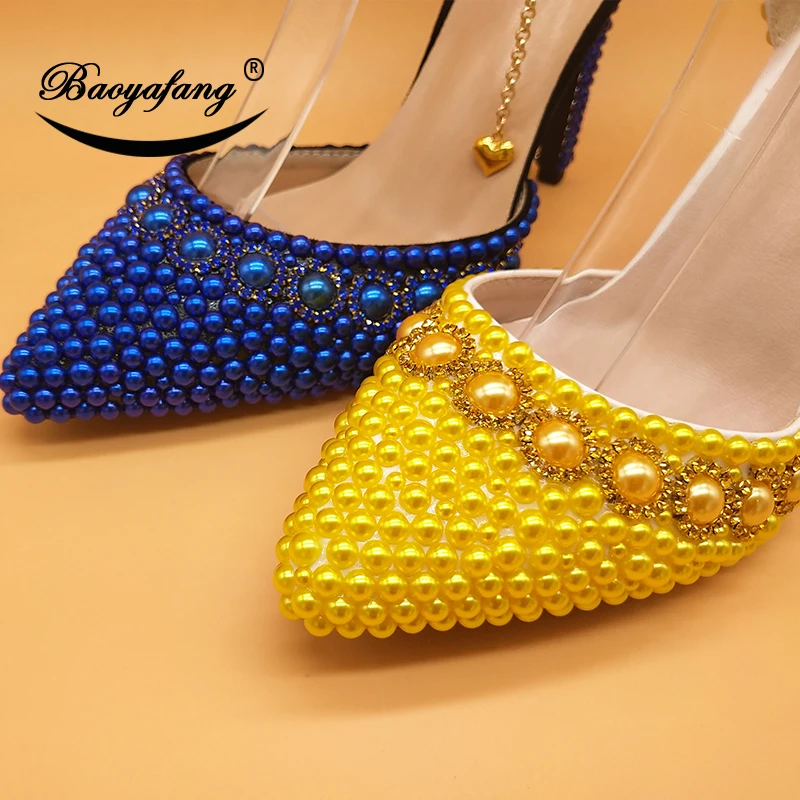 White/Beige/Royal Blue/Fuschia Pearl Wedding shoes bride High heels Pointed Toe Pumps Ladies Party shoes Ankle strap shoe