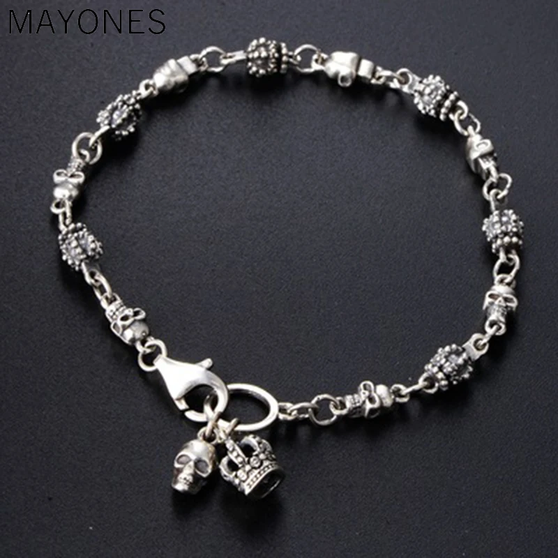 

S925 sterling silver retro hipster skull crown bracelet